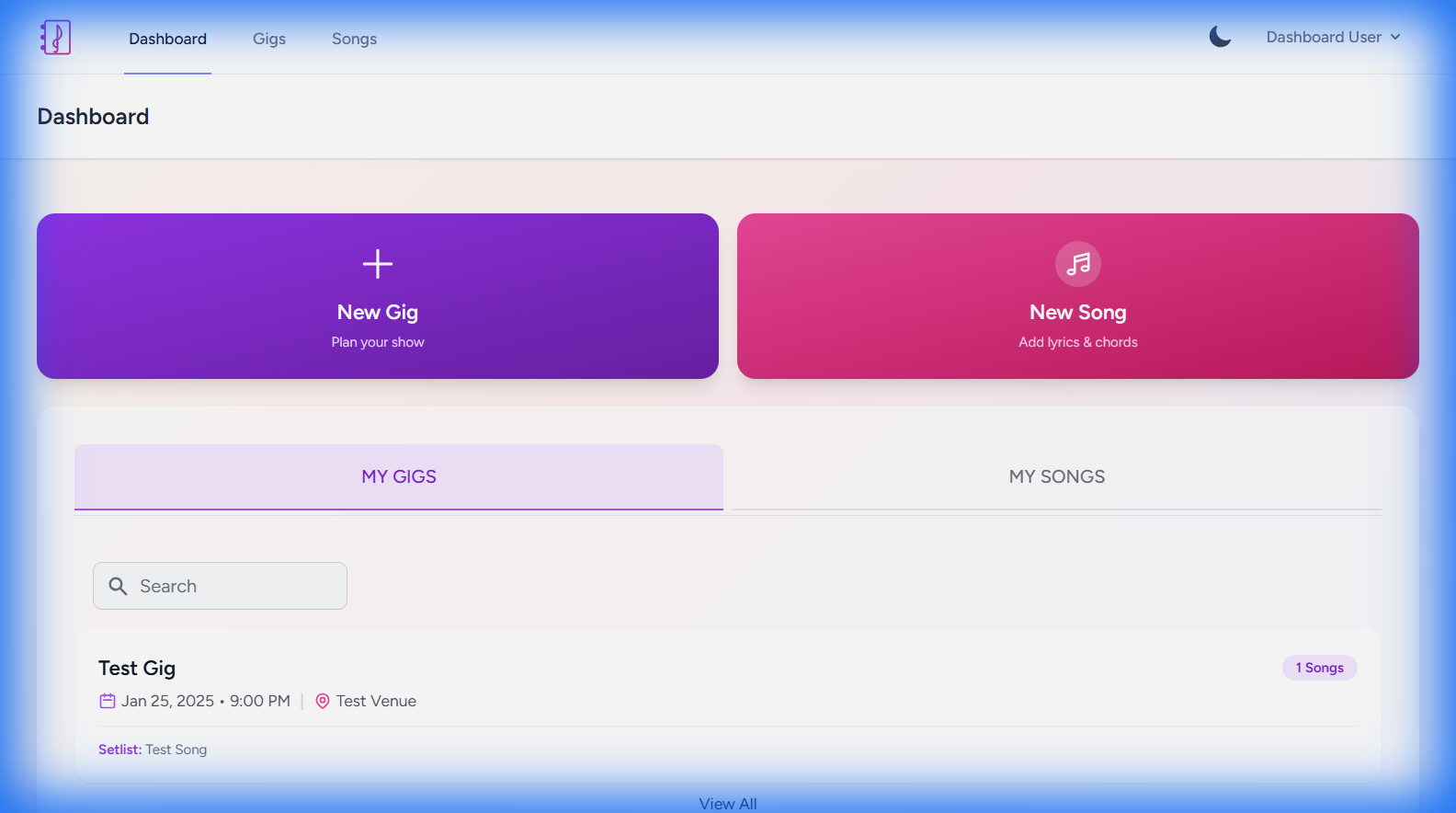 GigNotebook Dashboard Interface